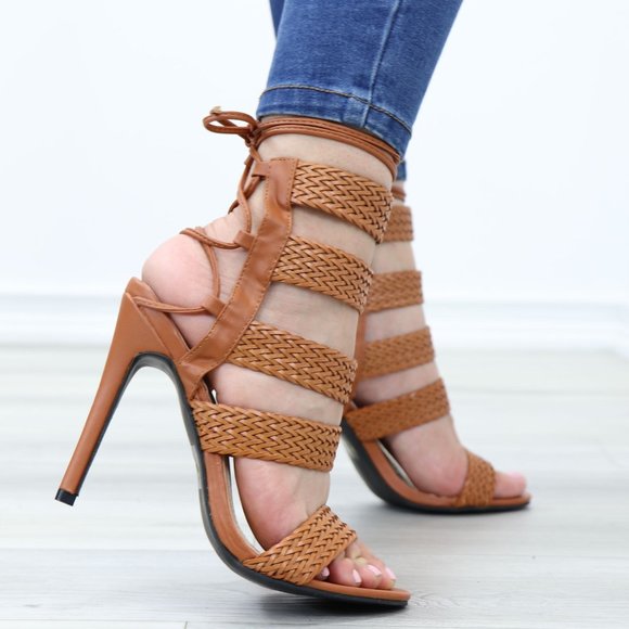 Glam Gladiator Style Strappy Brown High Heel Stiletto Sandals - Picture 5 of 12